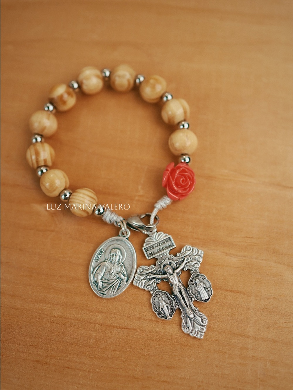Wood Bead Rosary Charm with Silver Crucifix and Red Rose Accent